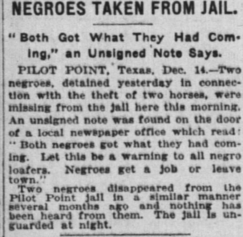 A news bulletin from 1922 detailed the disappearance of two alleged horse thieves from the Pilot Point jail.