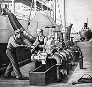 illustration of two men at a port connecting pipes to a ship