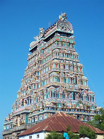 indian temple, very tall and brightly colored