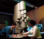 researchers with large microscope