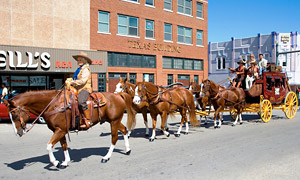 Cowboy on horseback and a stage coach with riders being lead by a team of four horses