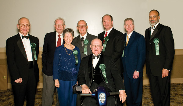 From left: William "Bill" Lively ('70 M.M.Ed.), Paul Voertman, Mickey and Bill McCarter, Charles W. Nelson ('50, '51 M.M.Ed.),  Jordan Case ('81), G. Brint Ryan ('88, '88 M.S.) and Charles O'Neal.