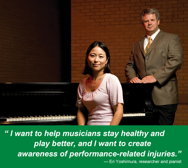 Eri Yoshimura, as a doctoral student, with mentor Kris Chesky, associate professor and director of UNT’s Texas Center for Music and Medicine. (Photo by Jonathan Reynolds)