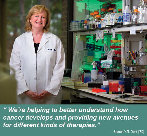 Sharon Y.R. Dent (’80), professor and chair of the Department of Molecular Carcinogenesis, works in her lab at M.D. Anderson Cancer Center Science Park in Smithville. (Photo by Gary Payne)