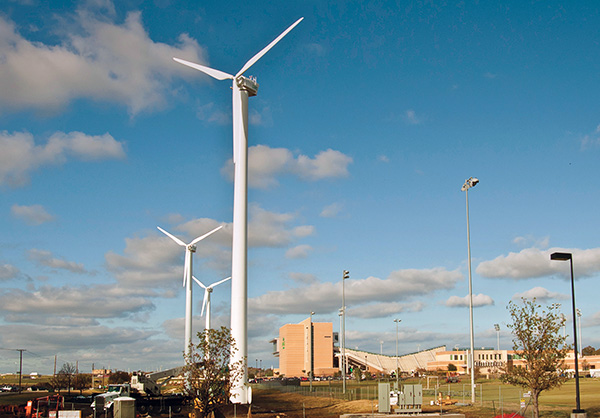 UNT's three wind turbines located at Mean Green Village. (Photo by Jonathan Reynolds)