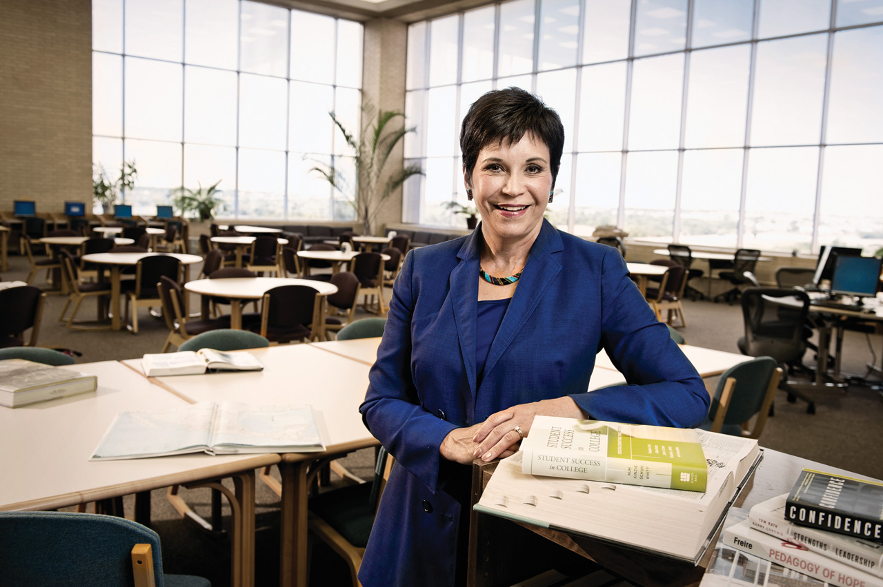 Elva Concha  LeBlanc ('75, '78 M.Ed., '86 Ph.D.) is president of Tarrant County College's Northwest Campus in Fort Worth. (Photo by Jonathan Reynolds)