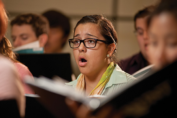 Sophia Ramirez, a freshman music education major, lives in Bruce Hall with other music majors in one of UNT’s 15 REAL communities, which combine students of the same major on the same floor or residence hall. (Photo by Jonathan Reynolds)