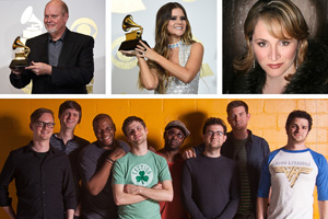 2017 UNT alumni Grammy Award winners from top left: Michael Daugherty ('76), Maren Morris, Patricia Racette ('88) and members of Snarky Puppy. (Photo credits: Associated Press -- Michael Daugherty, Maren Morris; Devon Cass -- Patricia Racette) 
