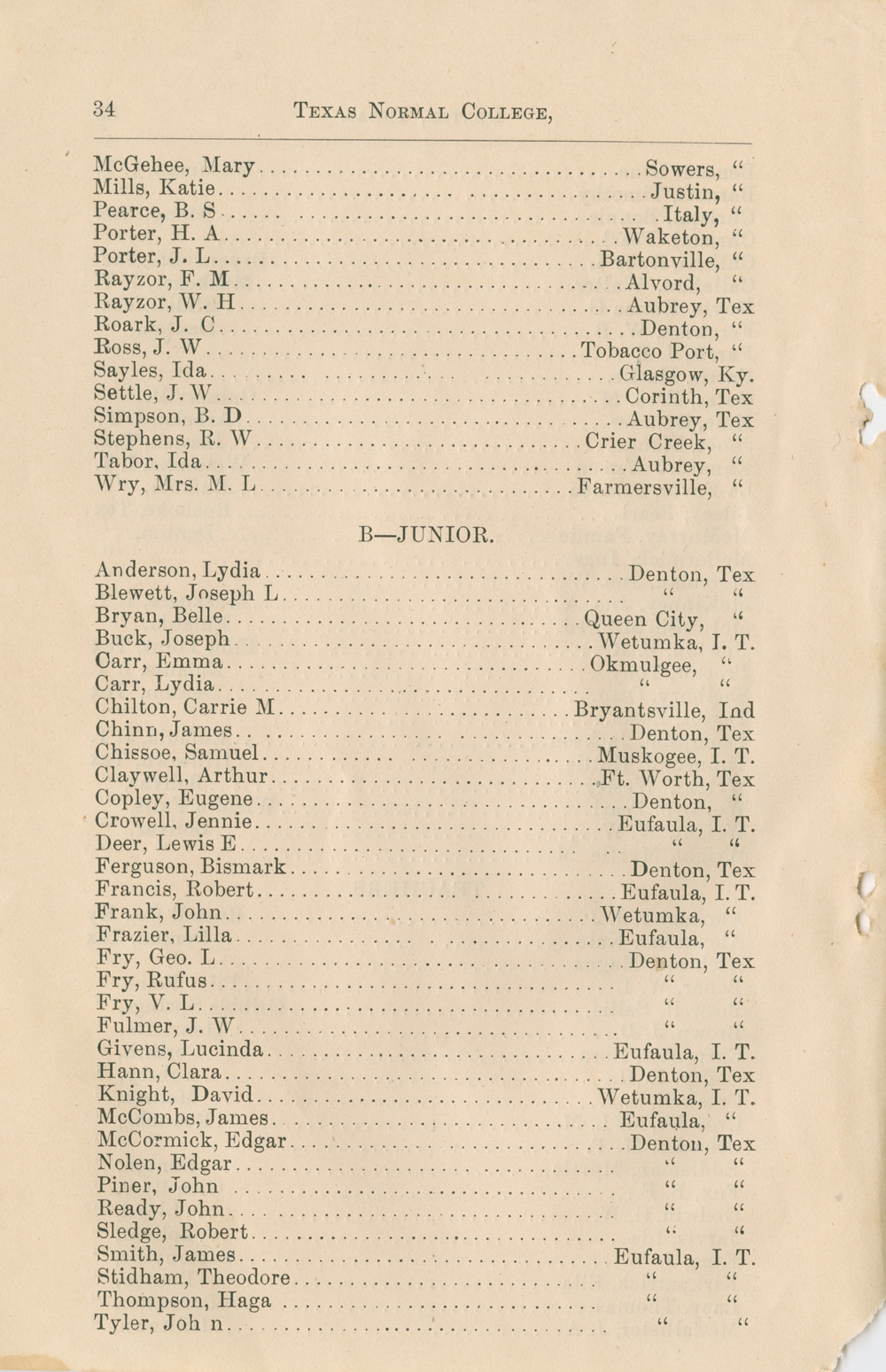 Student list page from 1890-91 Texas Normal College catalog