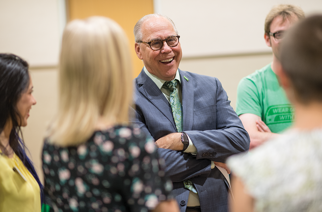 In addition to meeting students during personalized campus tours, UNT President Neal Smatresk regularly hosts events that will allow UNT's 76 National Merit Finalists to spend time together and meet the donors who fund their scholarships.
