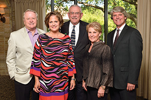 From left, Frank Bracken ('63), Janet Bracken, President V. Lane Rawlins, Gayle Strange ('67) and Michael Monticino, UNT vice president for advancement. (Photo by Michael Clements)
