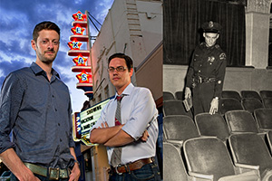 Left, from left: Barak Epstein ('01) and Adam Donaghey ('02) operate the Texas Theatre where Lee Harvey Oswald was arrested. (Photo by Gary Payne) Right: A Dallas police officer in the Texas Theatre interior. (Courtesy of The Sixth Floor Museum)