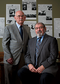  Former "Dallas Times Herald" editor Keith Shelton ('72 M.J.) and former Associated Press reporter Mike Cochran ('58).(Photo by Gary Payne)