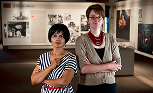 Graduate student Krishna Shenoy  and Katie Womack ('00), employees of The Sixth Floor Museum. (Photo by Gary Payne)