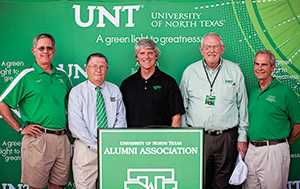 From left, Ben Joyner ('74), Mark Miller ('80), Michael Monticino, President V. Lane Rawlins, UNT System Chancellor Lee Jackson. (Photo by FW Creations)