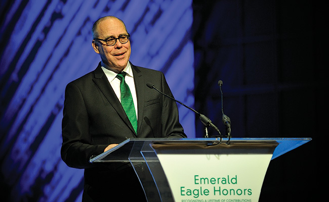 UNT President Neal Smatresk welcomes the audience. (Photo by Michael Clements)