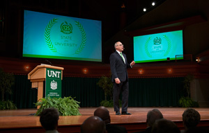 President Neal Smatresk delivers his State of the University speech. (Photo by Michael Clements)