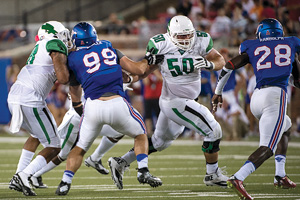 Kaydon Kirby (#50) is one of three Mean Green players named to award watch lists. (Photo by Michael Clements)