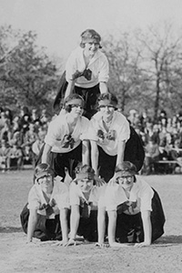 Gym girls form a human pyramid at UNT in 1925.