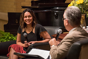Alumna Norah Jones takes part in a Q&A session with UNT students on campus facilitated by John W. Richmond, dean of the College of Music (photo by Ahna Hubnik)