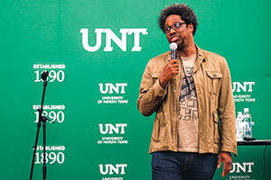 W. Kamau Bell spoke to guests at a Mary Jo and V. Lane Rawlins Fine Arts Series lecture, co-presented as part of UNT's annual Equity and Diversity Conference in February. (Photo by Gary Payne)