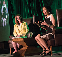 Krys Boyd, host and managing editor of <em>Think</em> leads keynote speaker Sheryl WuDunn in a conversation during the Mayborn Literary Nonfiction Conference (Photo by Ahna Hubnik)