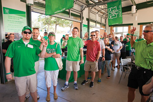 Fans gather at the UNT Alumni Pavilion during the Alumni GameDay Grille before the season's opening football game. (Kasey Kamenicky (‘04)/FW Creations)