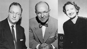 From left, former faculty Gene Hall ('41, '44 M.A.), jazz studies; J.K.G. Silvey, biology; and Imogene Bentley Dickey Mohat, English and dean of women