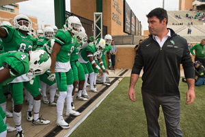 Head coach Seth Littrell and the Mean Green get ready to take the field for the Homecoming game against Louisiana Tech. (Photo by Gary Payne)