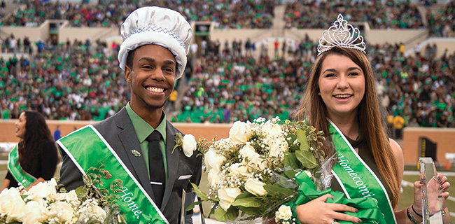 UNT students Myles Brenton Alexander, a senior majoring in human development from Memphis, Tenn., and Caitlin Broad­us, a junior majoring in English from Orlando, Fla., were named 2016 Homecoming royalty. (Photo by Gary Payne)
