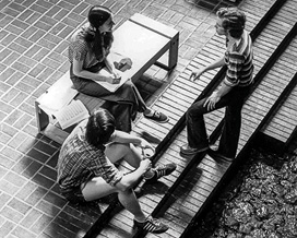 Overhead photo of students on the first floor of the union, 1973.