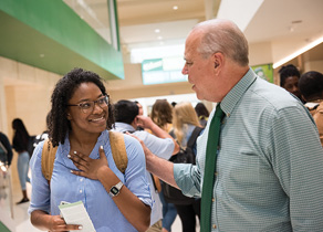 President Neal Smatresk welcomes new students to campus on the first day of fall classes. (Photo by Ahna Hubnik)