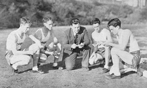 Track stars and twins Elmer and Delmer Brown and Blaine and Wayne Rideout (who would set a world record in the mile and seven-eighths relay in 1938), with track coach Choc Sportsman, 1937 Yucca