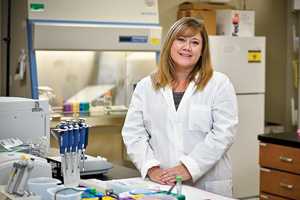 Amie Lund, assistant professor of biology, has found that exposure to traffic-generated pollution has negative effects on cardiovascular health. She hopes her research will lead to the design of drugs to help treat or prevent stroke and cardiovascular problems. (Photo by Michael Clements)