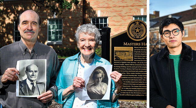 From left, Don Dawson ('80), Catherine "Katy" McCarty Dawson ('48, '49 M.A.) and Nathan Dawson ('17). Don and Katy hold photos of her mother, Mildred Masters McCarty (1913), and grandfather, W.N. Masters, founder of the chemistry program in 1910.