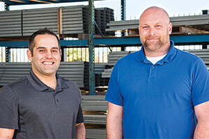 U.S. Army veterans Jeremy Artman and Nathan Derrick are among the UNT researchers working to design cold-formed steel shelters that will be more efficient, durable and lightweight for soldiers. (Photo by Ahna Hubnik)