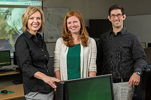 UNT doctoral student Britt-Janet  Kuenanz (left) and Laura Siebeneck and Ronald Schumann, faculty members in  UNT's Department of Emergency Management and Disaster Science