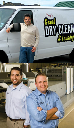 Top: Ray Allahverdi ('78), Cameron's dad, stands outside his Lewisville dry cleaning store. (Courtesy of Ray Allahverdi) Bottom: Business partners Cameron Allahverdi (’06) and Nicholas McCoy ('06) expanded their commercial printing company, Franklin Business Services, to include niche sub-companies. (Photos by Jonathan Reynolds)