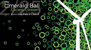 Artwork for the 2012 Emerald Ball Goes Green featuring the Apogees Stadium wind turbines a circular recycling logos floating on the wind.