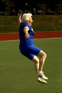 Beauchamp demonstrates her &ldquo;jump and kick&rdquo; at the National Senior Olympic Games in Pittsburgh in 2005.