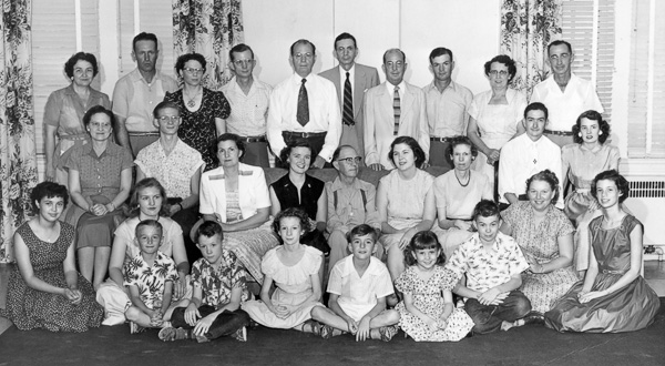 A Matthews family gathering for the wedding of Maydell Matthews and Sam Laney in Marquis Hall in June 1953.