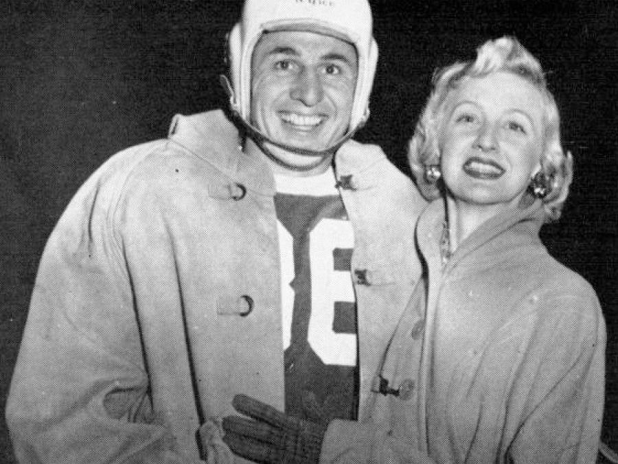 Shirley and Don Baker, Don is wearing  a football helmet and uniform