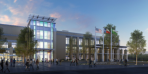 Exterior rendering of the new union at dusk.