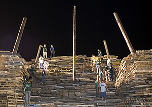 Bonfire building with many students