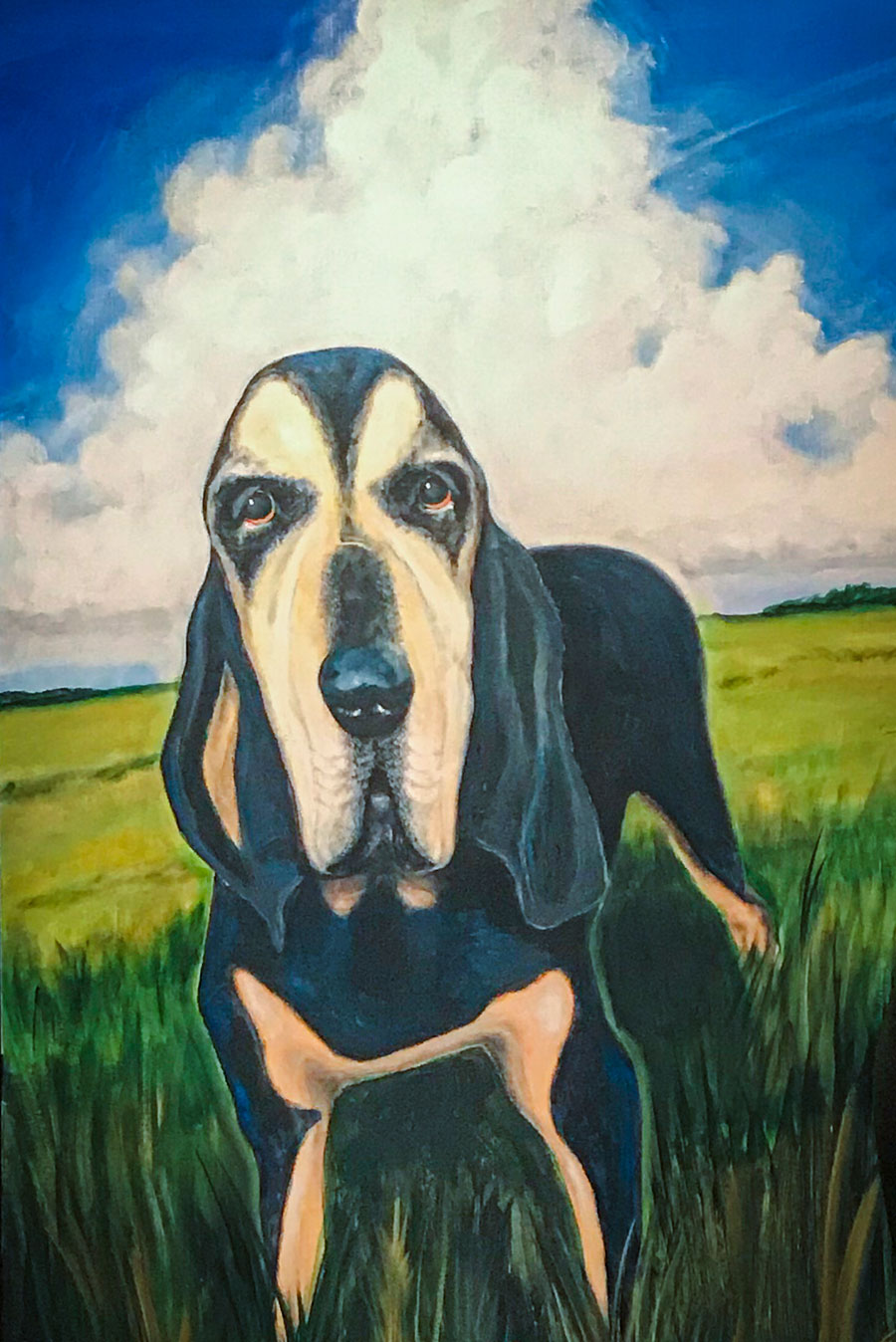 Painting of dog ina field with a dark blue sky and cloud in the backgroung