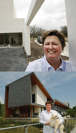 Top: In 2007, Cheatham continued developing the Urban Reserve project she launched in 1991. (Vernon Bryant (’00), courtesy of The Dallas Morning News) Bottom: Developer Diane Cheatham ('73) and her Chinese Crested, Ruby, enjoy their Urban Reserve home. It was one of the first gold LEED-certified homes in Dallas. (Photo by Angilee Wilkerson)