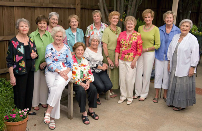 From left, standing, Madie Echols Robinson ('53), Shirley Blakeley Mitchell   ('56), Virginia White Lasworth ('54), Mary Shoemaker Perrin, Mattie   McClintock Ivy ('54), Barbara Fry Arnold ('55), Wilma Connell Jeffers   ('54), Dottie Maddox Holliday ('57), Mary Lou McClintock Throneberry   ('61), Phyllis Powers Roberts ('70); seated, Delma Deaver Donohue   Hendrix ('53), Marilyn Bruyere Brunkhurst ('53), Mary White Scott.