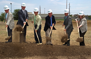 At the lab ground-breaking were, from left, Miguel Garcia, engineering professor; Costas Tsatsoulis, dean of the College of Engineering; Yong Tao, chair of the mechanical and energy engineering department; U.S. Congressman Michael Burgess (&rsquo;72, &rsquo;76 M.S.); UNT Chancellor Lee Jackson; and Ruthanne Thomas, associate vice president for research. (Photo by Gary Payne)
