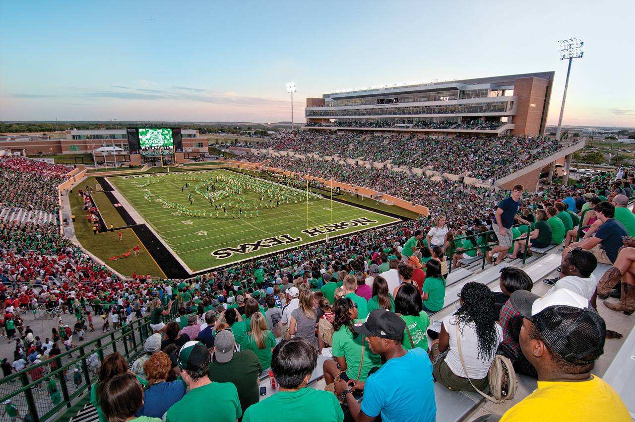 UNT's Apogee Stadium, the nation's first newly constructed collegiate football stadium to achieve the highest level of LEED certification recognizing its sustainable building features, hosted record crowds in last year's inaugural season. (Photo by Jonathan Reynolds) 