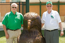 Geezles C. Dan Smith ('62), chair of the UNT System Board of Regents, and James Stinson ('63) attend the unveiling of "Spiriki."